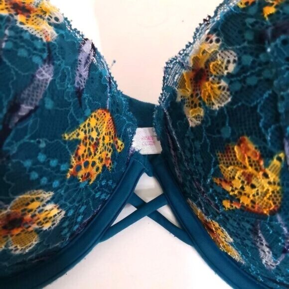 Victoria Secret Pink Date Push-up Strappy Padded Blue Floral Lace Bra 36DD - Picture 6 of 7